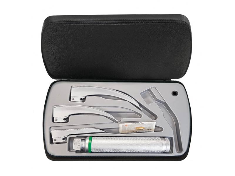 Ψυχρό φως εξοπλισμός laryngoscope, σπάτουλες μέταλλο, μπαταρία λαβή, φερμουάρ θήκη.