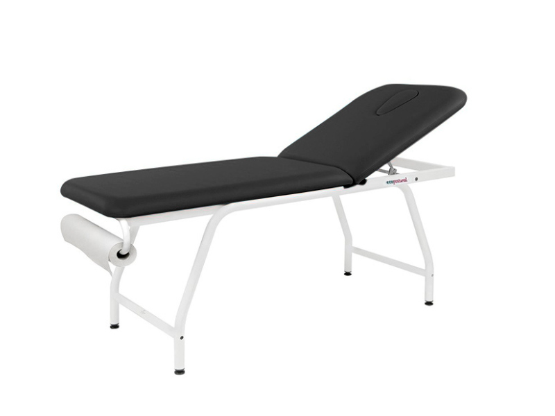 Feststehende, metallische Liege. 2 teilig. Einstellbare Rücklehne durch Reißverschluss.