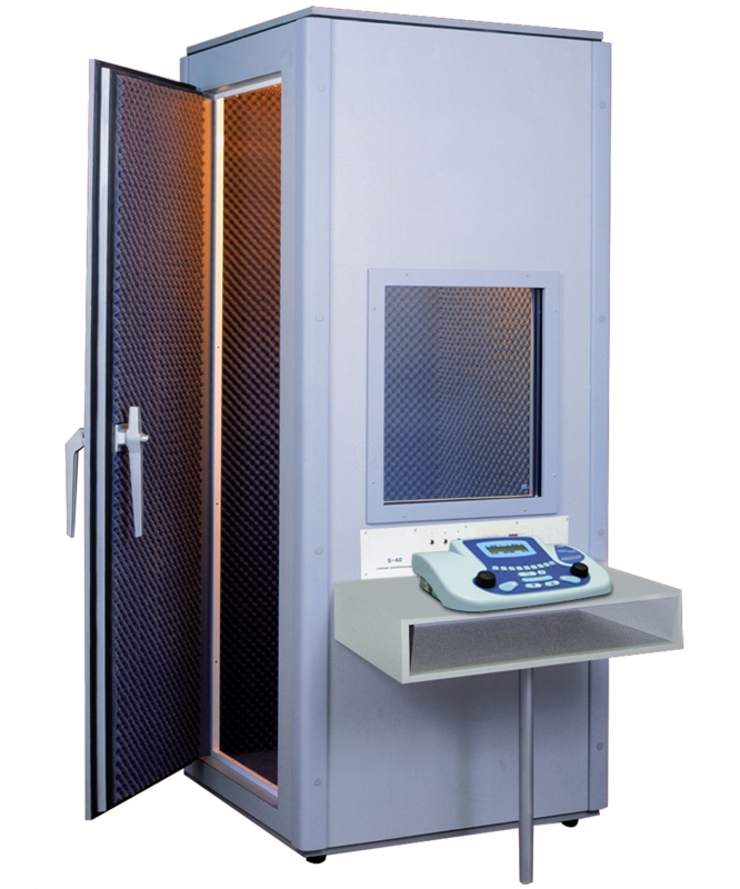 Kabina ciszy do badań audiometrycznych, mikroperforowane zmywalne panele wewnętrzne