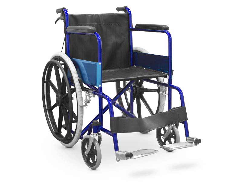 Folding wheelchair of steel with brakes