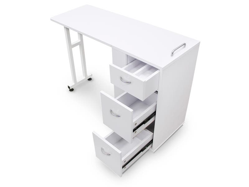 Foldable white manicure nail table station outlet desk with plastic pull out drawer