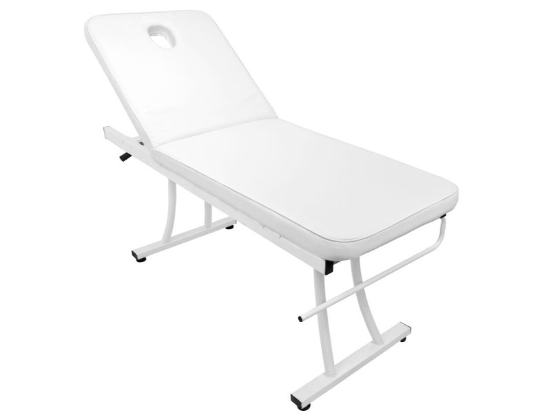 Lettino da massaggio azzurro 328 con rivestimento PVC bianco e porta rotolo carta