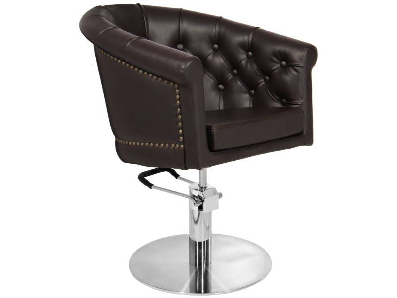 Poltrona da Barbiere London in Ecopelle Marrone con Base Rotonda in Acciaio