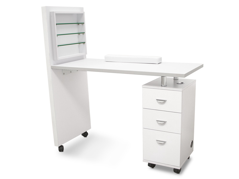 Manikyyripöytä laatikoilla ja kynsilakahylly