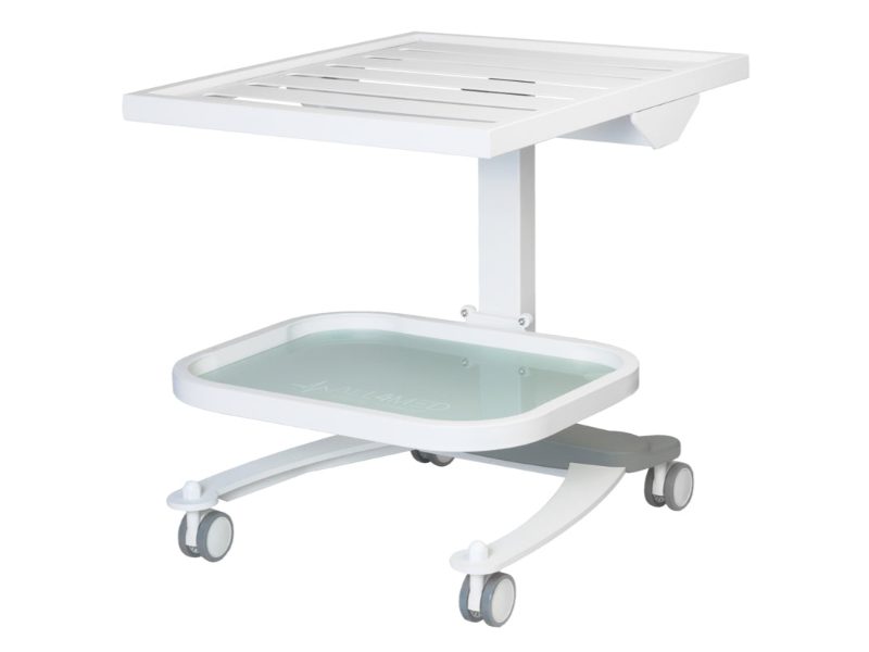 Tavolo Atlas in acciaio con ripiano in vetro e ruote mediche grandi