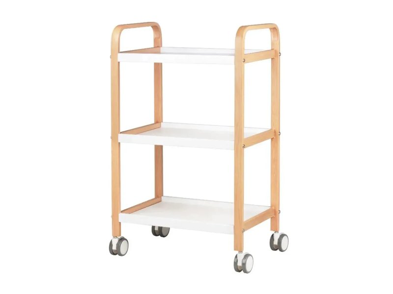 Carrello Estetista Professionale Bianco con 3 Mensole e Struttura in Legno