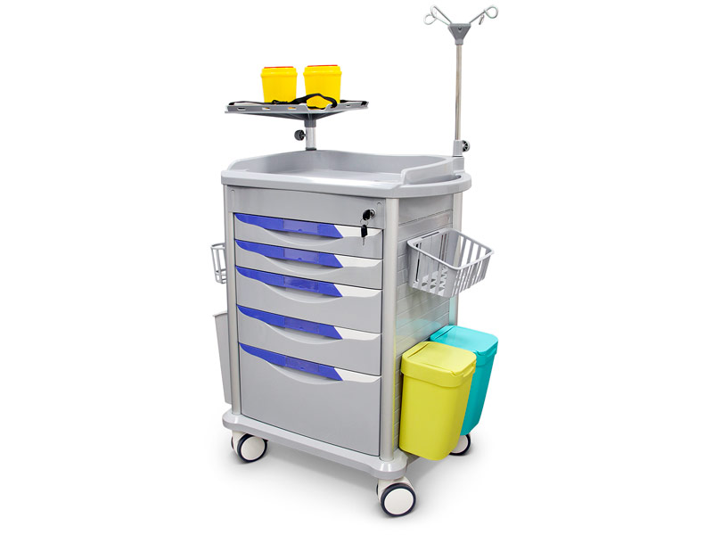 Carrello di emergenza in acciaio inox, 5 cassetti, asta portaflebo, supporto defibrillatore