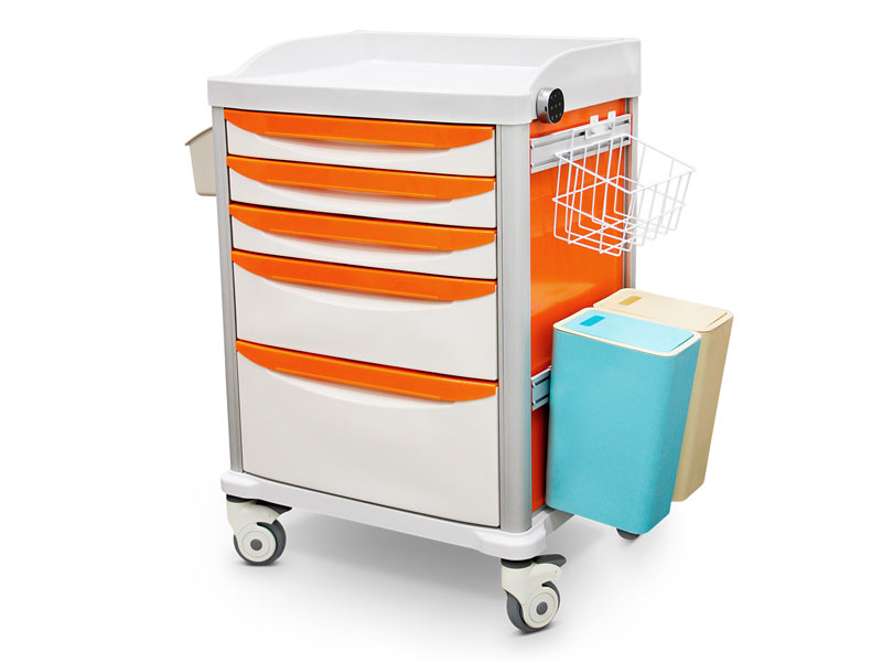 Cărucior pentru medicamente, aluminiu și ABS, sertare, rafturi, stâlp IV