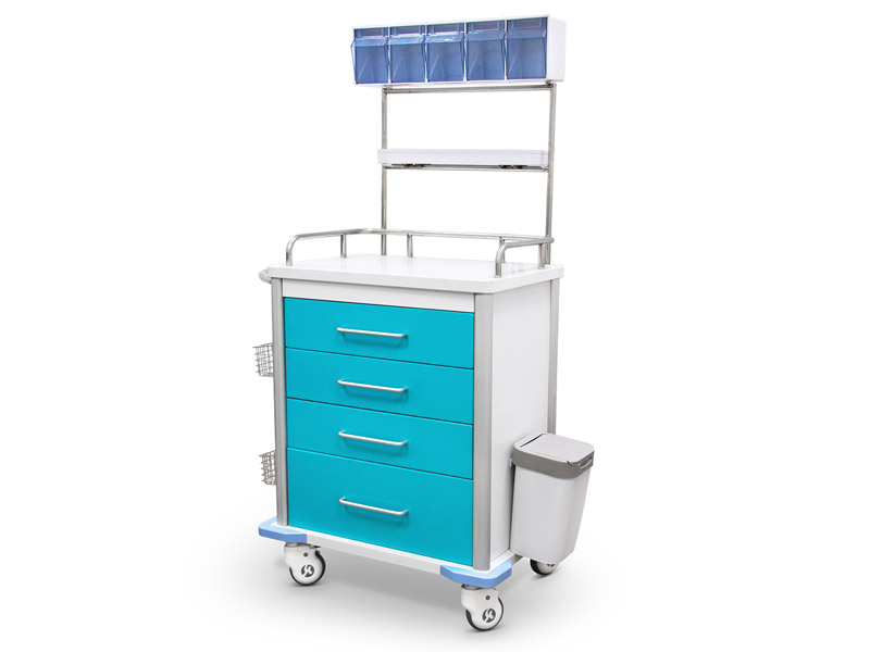 Carrello per anestesia, acciaio inossidabile. e alluminio, 4 cassetti e supporti