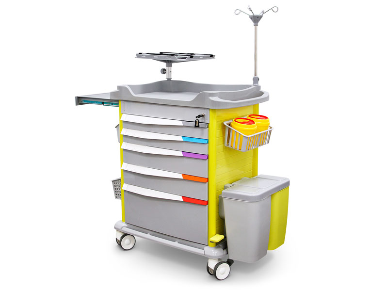 Carrello di emergenza con ripiani, aste e accessori