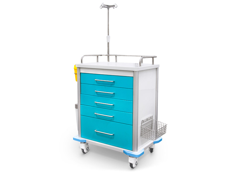 Carrello di emergenza, acciaio inossidabile. e alluminio, con accessori e 5 cassetti