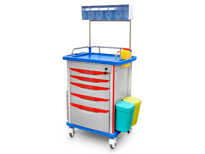 Carrello per anestesia con 5 cassetti, ripiani e accessori