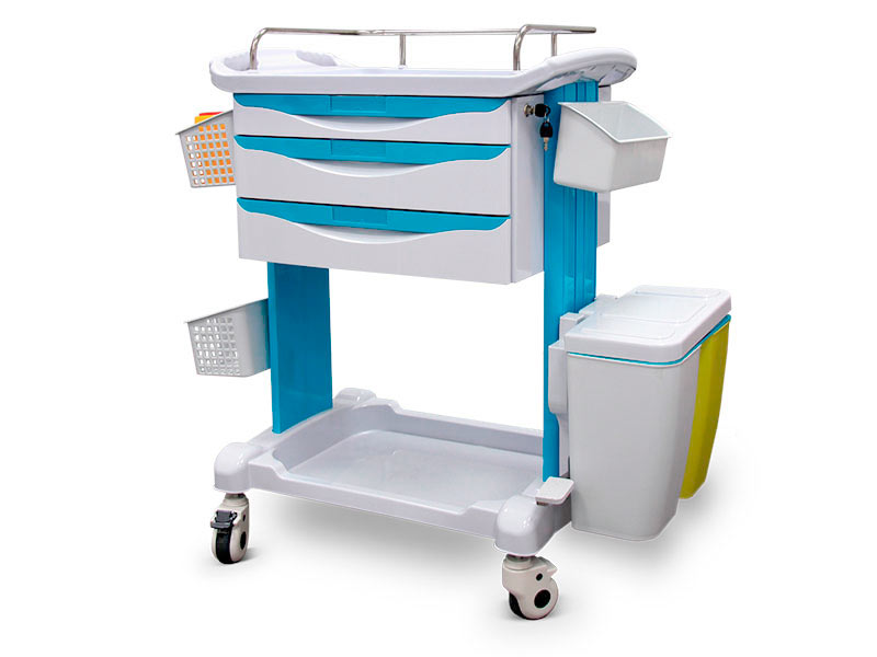 Behandlungswagen mit abnehmbarem Handlauf, Tabletts, Ablagen, 3 Schubladen