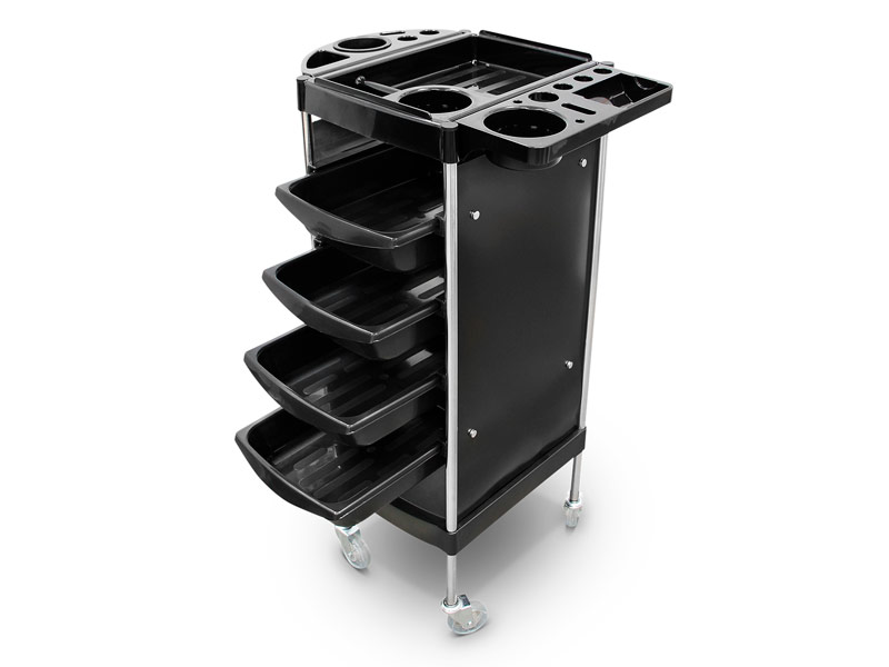 Hairdressing trolley with shelves and tool holder
