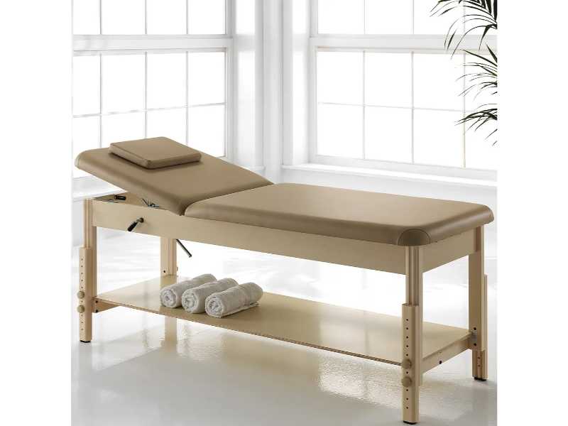 Lettino Massaggio in Legno Fisso con Testata Regolabile e Asta Porta Rotolo