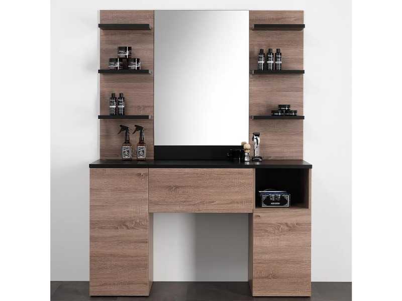 Postazione Barbiere in Legno con Ampio Specchio Mensole e Cassetti