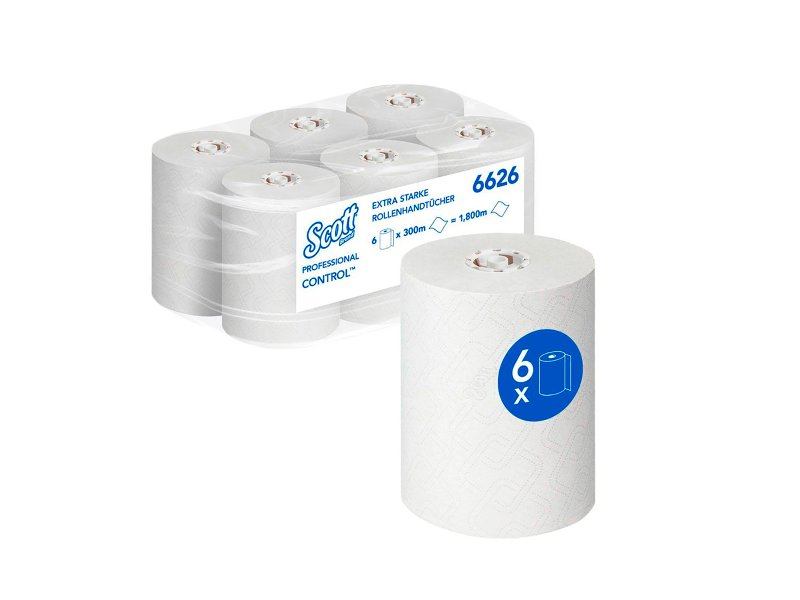 SCOTT® Rollo papel secamanos extra blanco, 1 capa, 6 ud x 300 metros ...