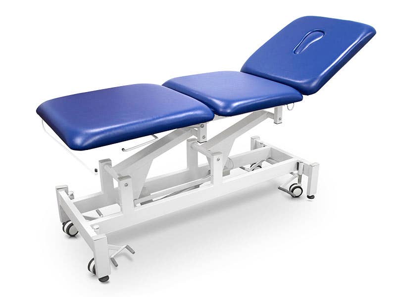 Lettino elettrico a 3 sezioni 196 x 67 x 50 - 96 cm con ruote e foro viso con copertura | Blu | Quirumed