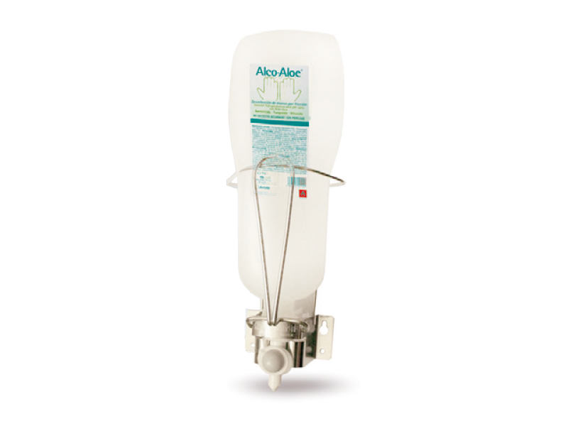 Soporte dispensador de pared para botella de válvula invertida.