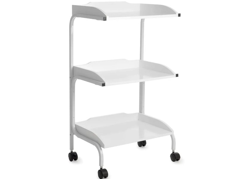 Carrello Estetista Professionale in Alluminio Bianco con 3 Ripiani in Legno