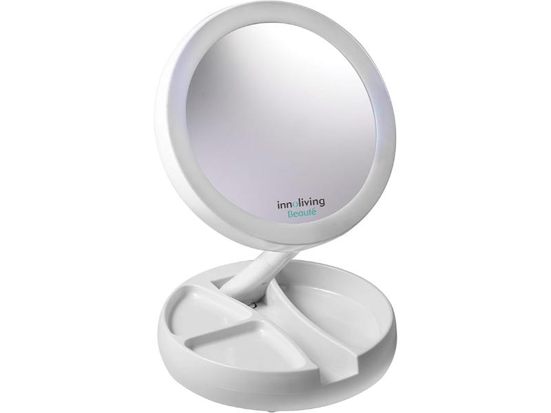 Innoliving Specchio Luminoso Doppio Lato Pieghevole INN-805 con Ingrandimento 5X, LED, Design Salvaspazio, Batterie Incluse