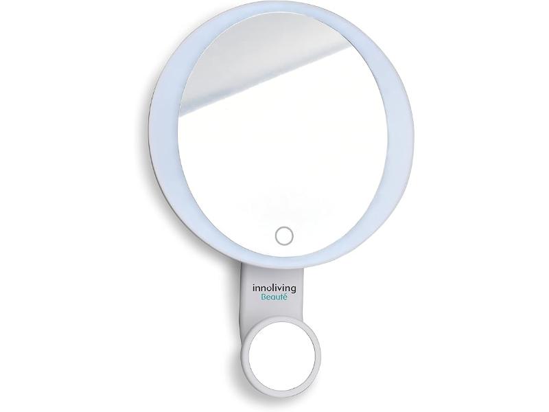 Innoliving Specchio Luminoso per Trucco e Barba con Ventose INN-806 con Doppio Specchio, Ingrandimento 10X, Illuminazione LED, Batteria Ricaricabile, 8 Ore di Utilizzo