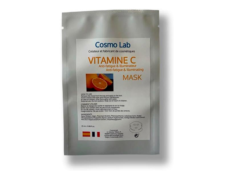 Masque en tissu pour le visage et le cou à la vitamine C - Anti-fatigue/Éclat, tous types de peau, fabrication franco-espagnole