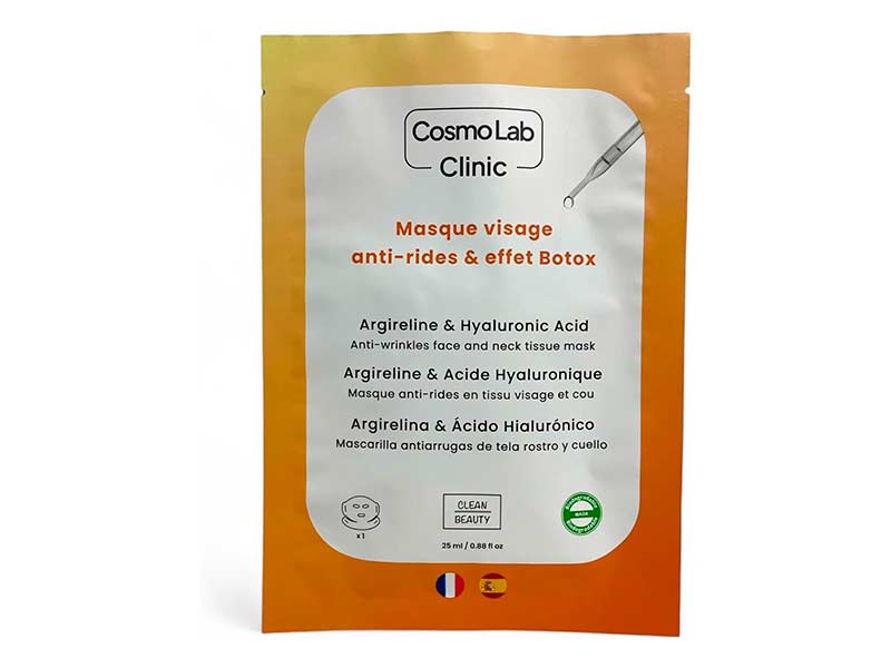 Masque en tissu pour le visage et le cou à l'argireline et à l'acide hyaluronique, tous types de peau, fabrication franco-espagnole