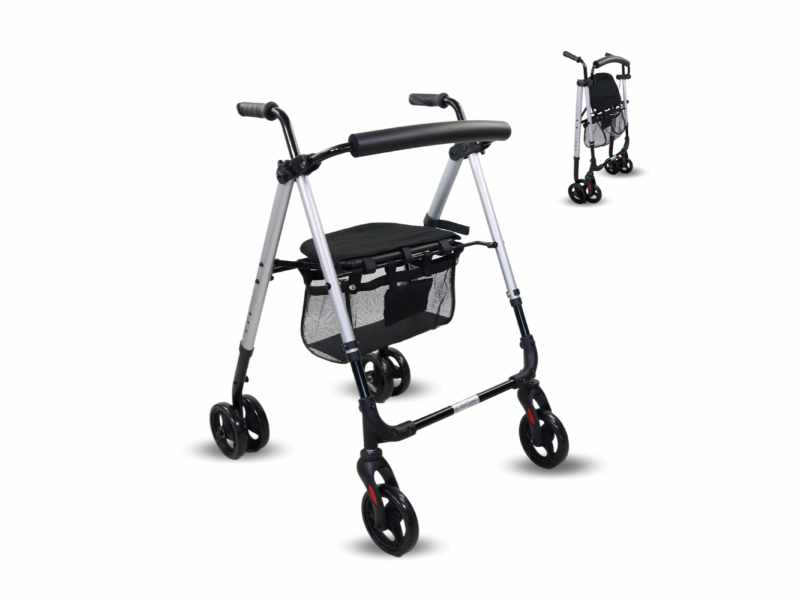 Andador Rollator 4 Rodas com Bolsa - Alumínio Prata Modelo Dehesa