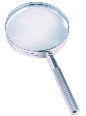 Förstoringsglas med stor förstoring, 3 dioptrier, glasets storlek 75 mm, handtag och sturktur i metall, hög kvalitet