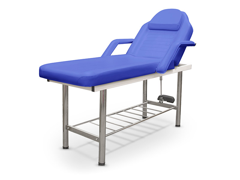 Lettino fisso a 2 sezioni in acciaio cromato con foro per il viso e appoggiabraccia