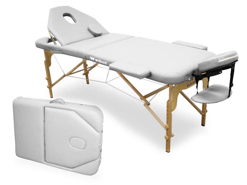 Lettino da massaggio pieghevole in legno WELLCORE 185 x 65 cm con schienale plus | Argento | Wellcore