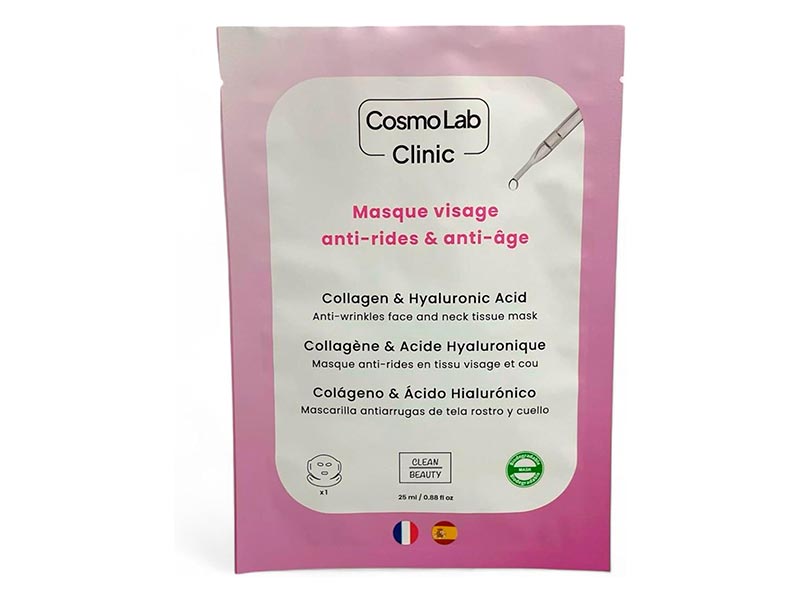Masque en tissu pour le visage et le cou au collagène et à l'acide hyaluronique, tous types de peau, fabrication franco-espagnole