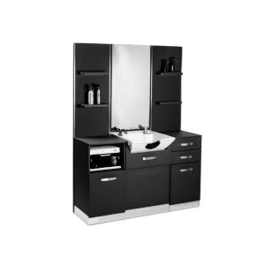 Console de coiffure moderne grise avec lavabo noir et miroir Gabbiano