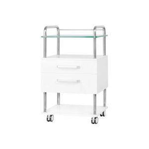 Tabouret de beauté blanc sur roulettes avec plateaux et tiroirs