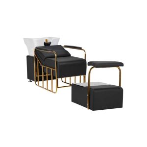 Unité lavage cheveux Mayka noire Gabbiano avec bassin céramique blanc et accoudoirs dorés