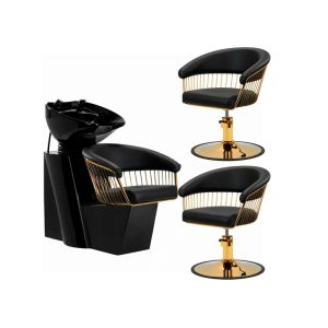 Arredamento Parrucchiere Nero e Oro con Lavatesta e 2 Poltrone