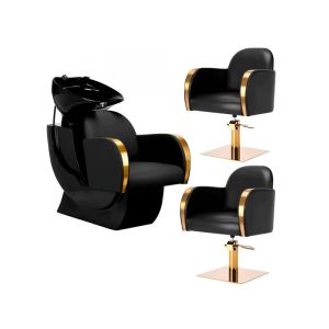 Arredamento Parrucchiere con Lavatesta e 2 Poltrone Nero e Oro