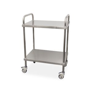 Table d&#39;appoint en acier inoxydable avec 2 étagères simples et 2 poussoirs, sans tiroirs.