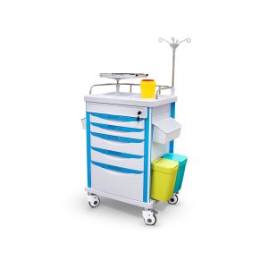 Emergency trolley with 5 drawers, IV pole and accessories