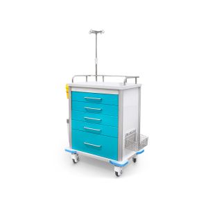 Emergency trolley, stainless steel. and aluminum, with accessories and 5 drawers
