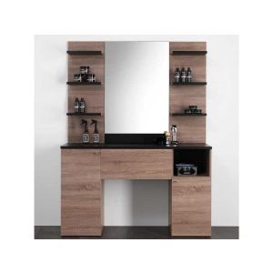 Postazione Barbiere in Legno con Ampio Specchio Mensole e Cassetti