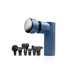 medisana MG 150 Mini pistola de masaje con 6 cabezales de masaje y 5 niveles de vibración, automasaje para hombros, pecho, espalda con luz indicadora LED y bolsa de almacenamiento