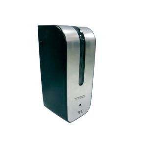 Automatic soap dispenser for a vertical surface, silver and black