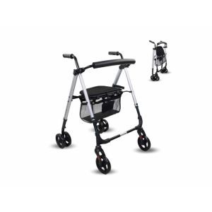 Déambulateur à roulettes à 4 roues, sac en aluminium, argent,