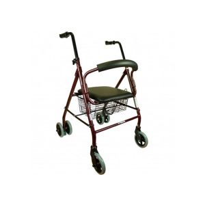 Déambulateur pliable en aluminium pour adulte avec siège et dossier robustes, couleur bordeaux, Clinicalfy