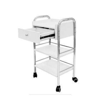 Trolley met lade, twee houten plateaus, wielen, metalen structuur